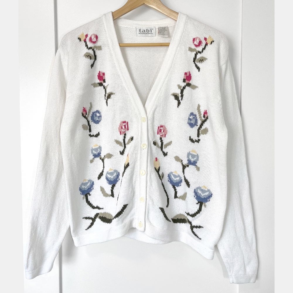 Vintage Cardigan with Floral Knit Graphic Button Up by Tabi 100% Cotton